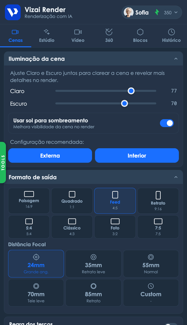 Painel do Vizai Render aberto no SketchUp, na aba Cenas