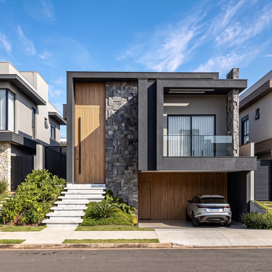 Contemporary two-story house with dark stone cladding, wooden pivot door and garage, rendered with Vizai