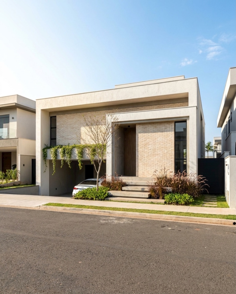 Two-story house with light brick, planter with trailing plants and entrance steps, rendered with Vizai