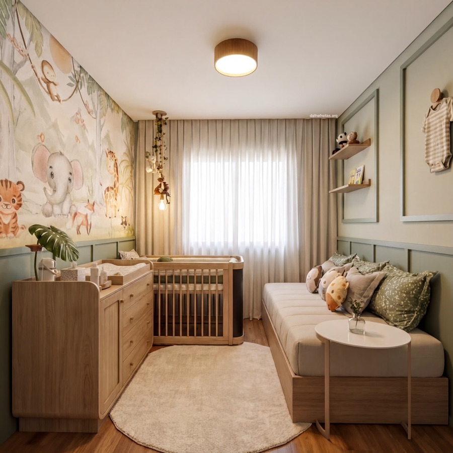 Nursery with jungle animal wallpaper, wooden crib and dresser, rendered with Vizai