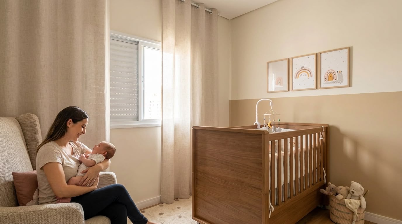 Nursery with a wooden crib and nursing chair, with a mother and baby, rendered with Vizai