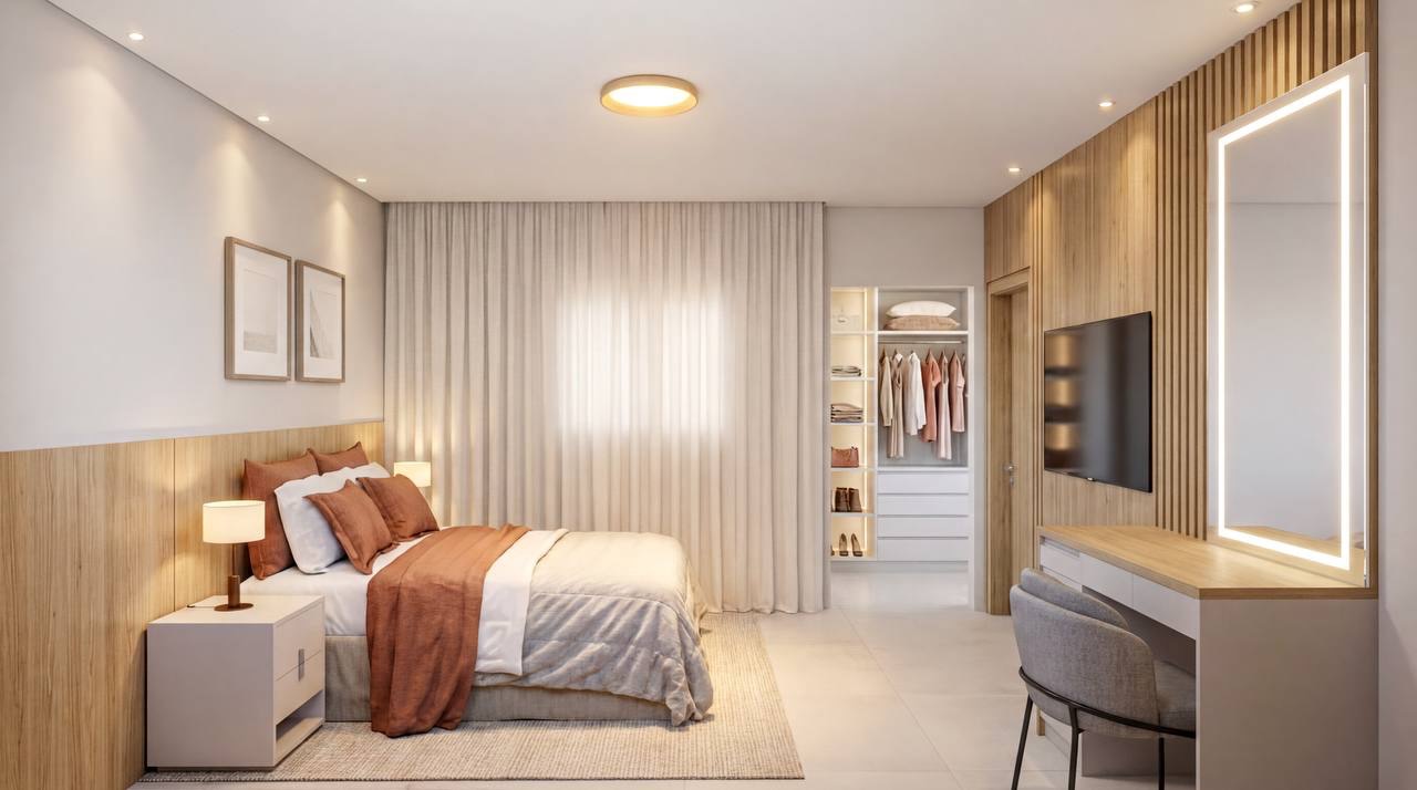 Master bedroom with slatted wood panel, open closet and vanity with a lit mirror, rendered with Vizai