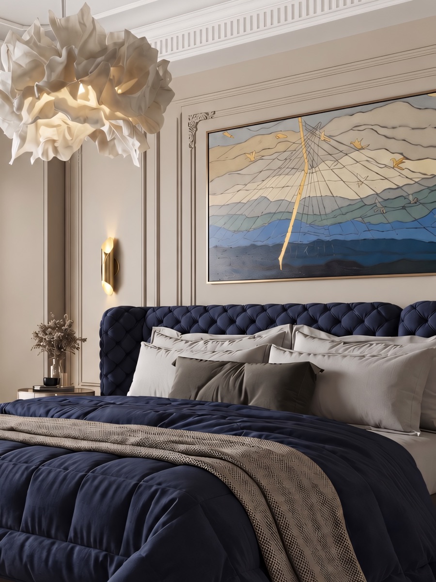 Master bedroom with navy tufted headboard, abstract painting and sculptural pendant, rendered with Vizai