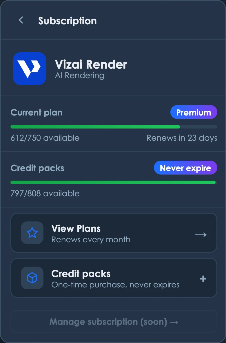 Vizai Render Subscription panel
