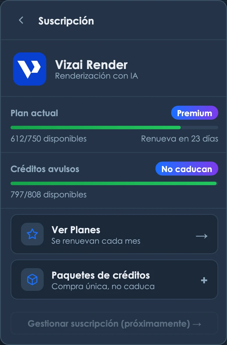 Panel Suscripción de Vizai Render