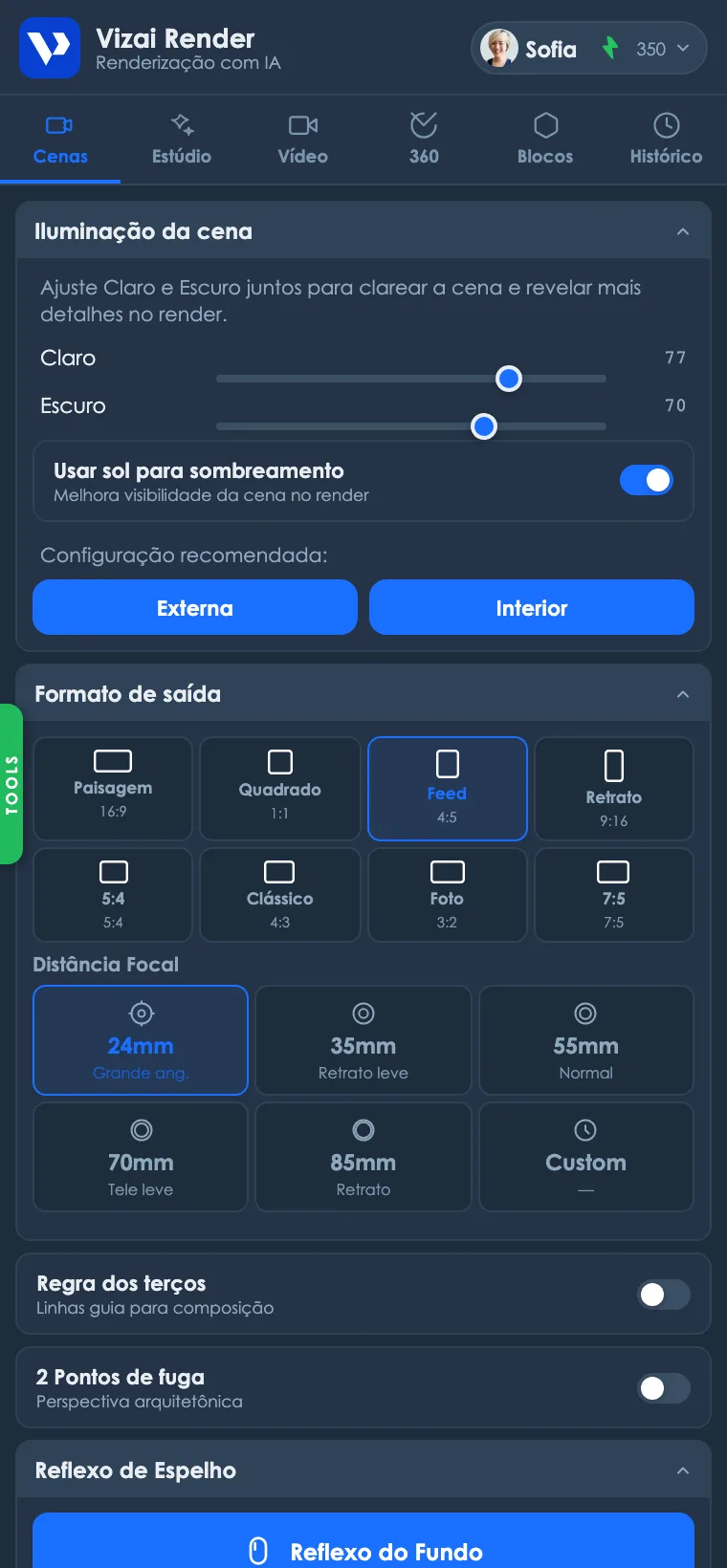 Painel principal do Vizai Render