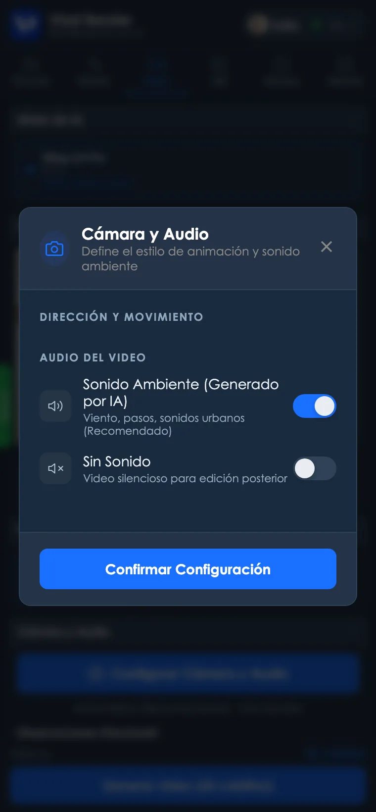 Modal de cámara y audio del video