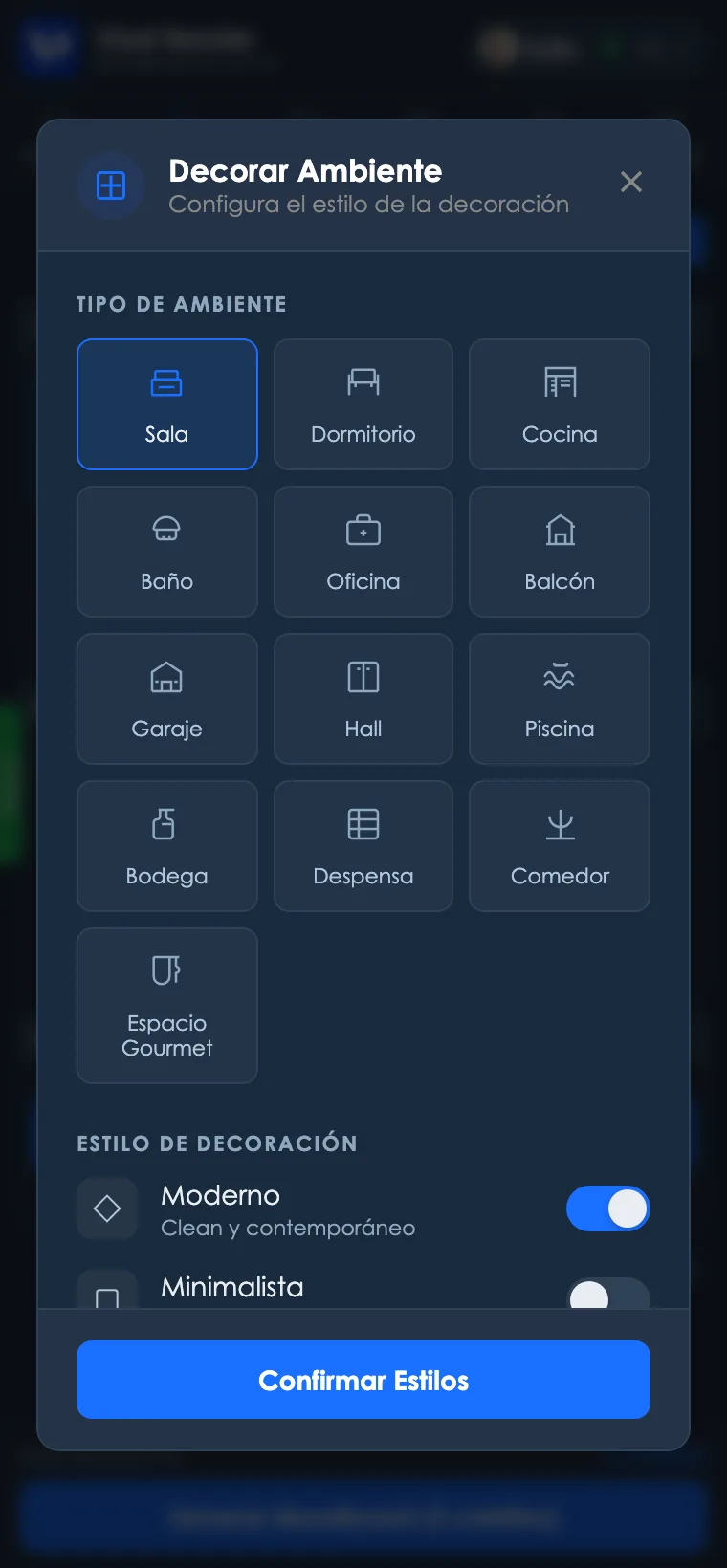 Modal de configuración de Decorar Ambiente