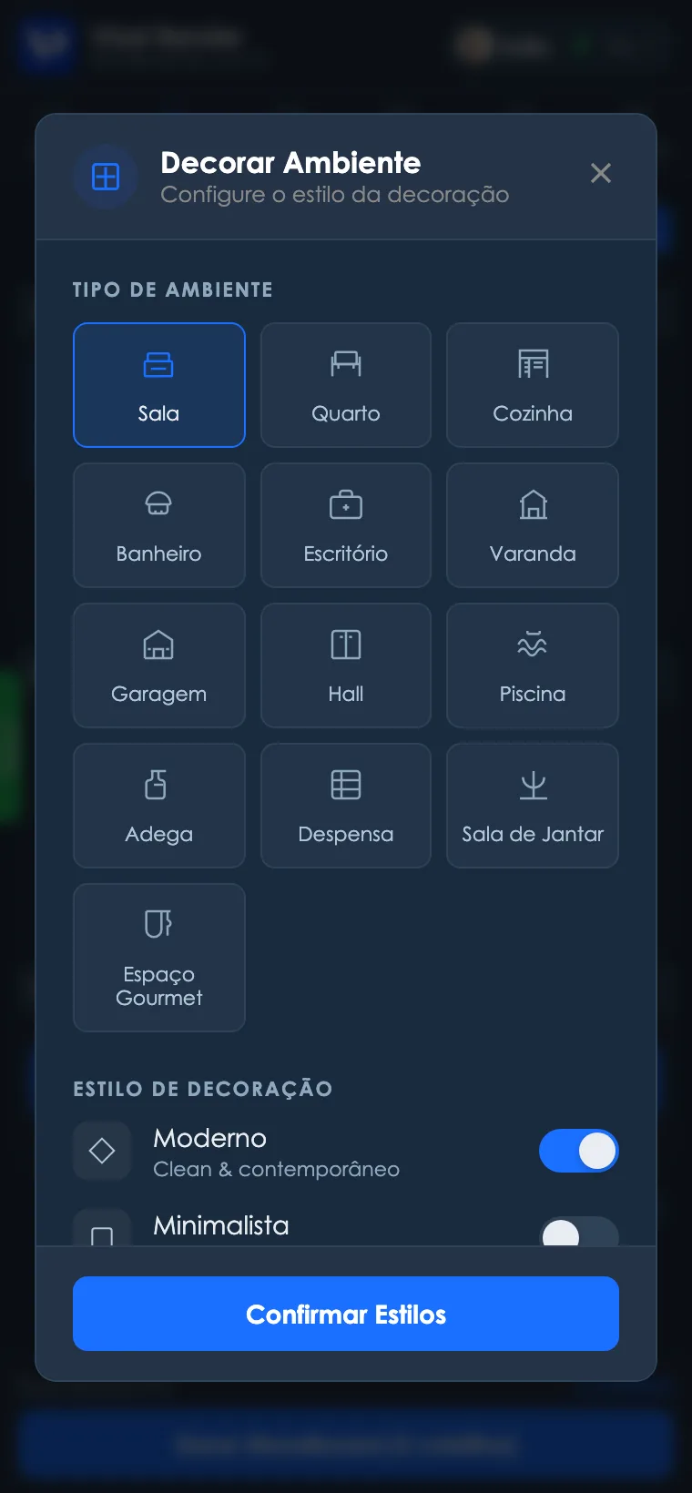 Modal de configuração do Decorar Ambiente