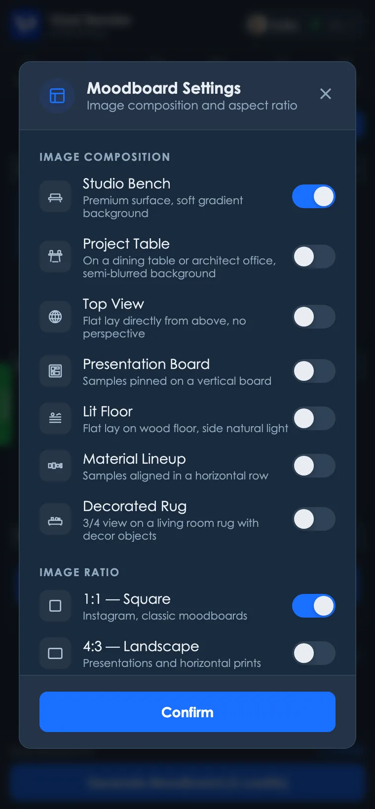 Moodboard configuration modal