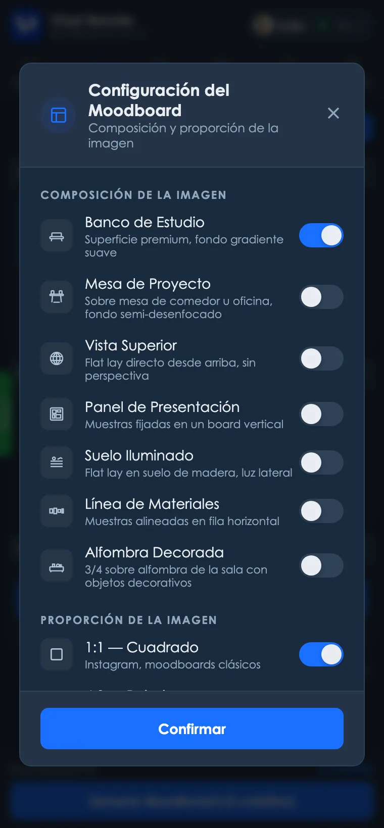 Modal de configuración del Moodboard