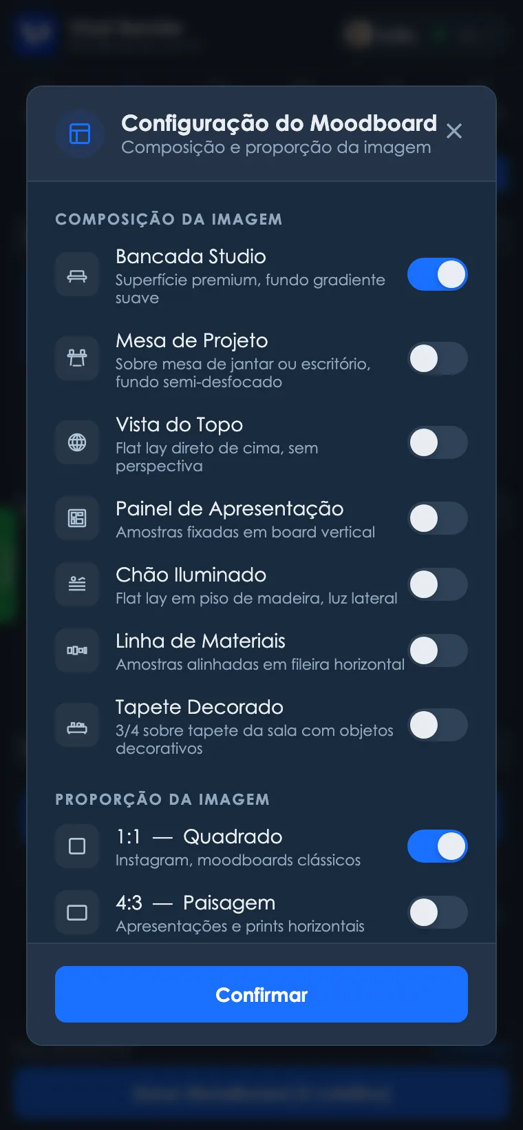 Modal de configuração do Moodboard