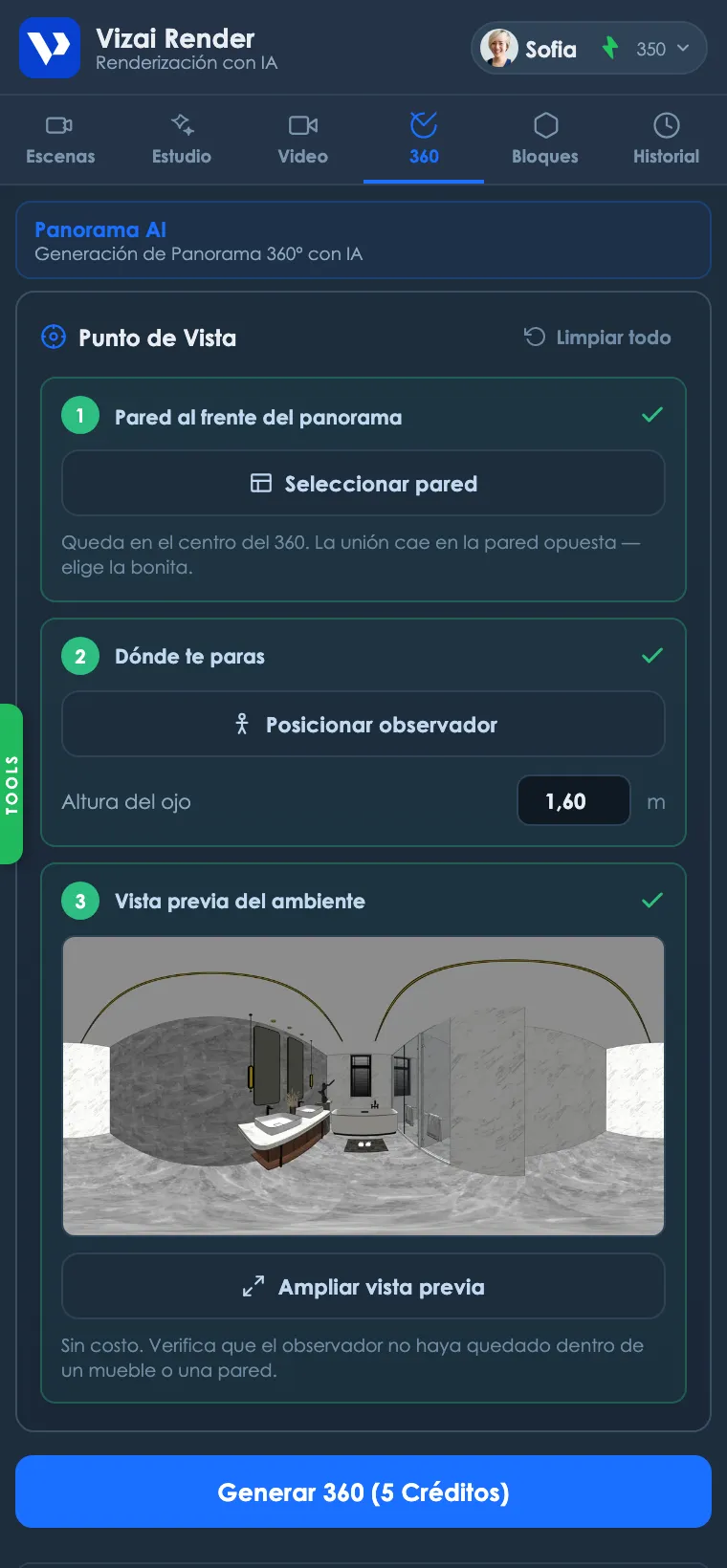 Pestaña 360 de Vizai Render