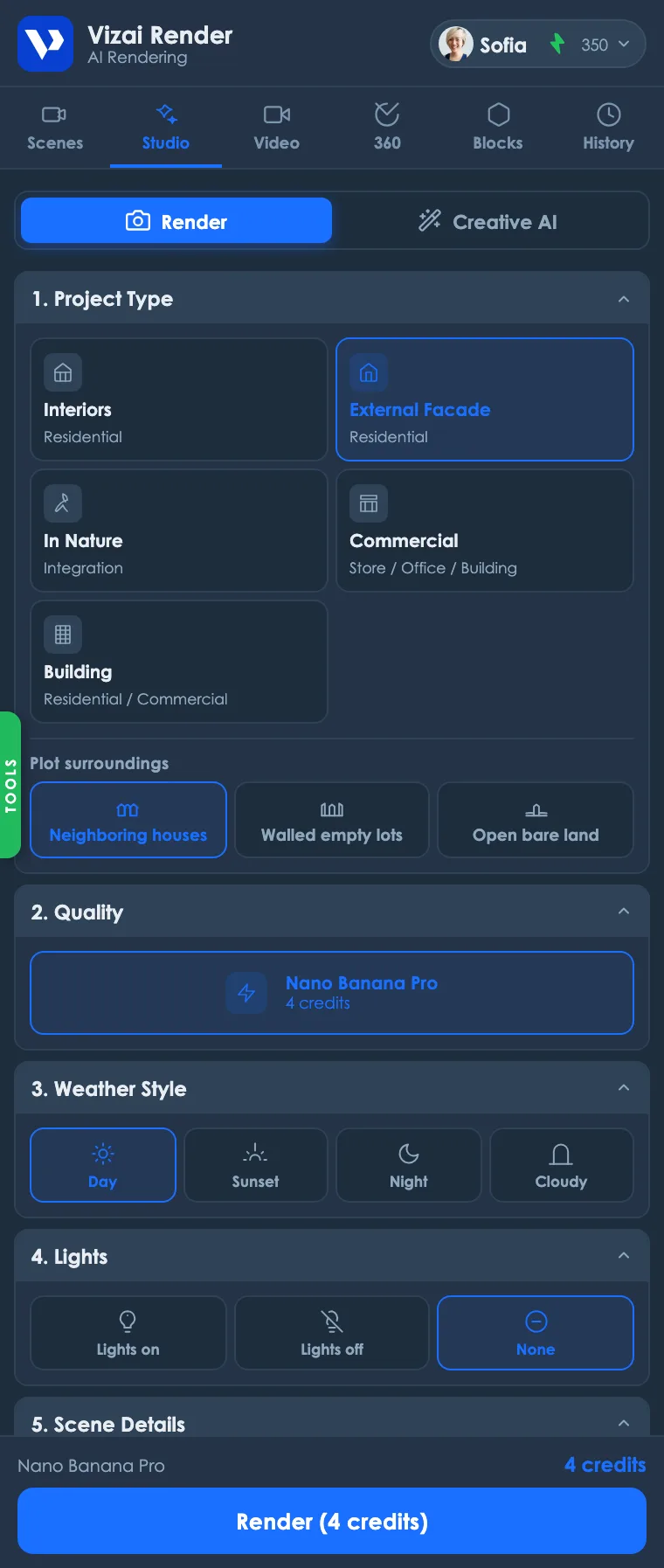 Studio tab in Render mode